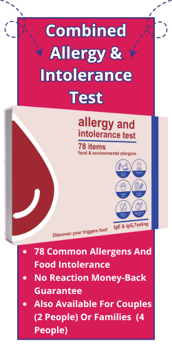 Combined Allergy & Intolerance Test. 78 Common Allergens And Food Intolerance. No Reaction Money-Back Guarantee. Also Available For Couples (2 People) Or Families  (4 People)